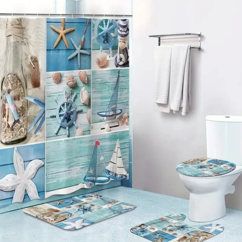 BED BATH AND BEYOND SEASIDE COASTAL COLLAGE FABRIC SHOWER CURTAIN  NWT
